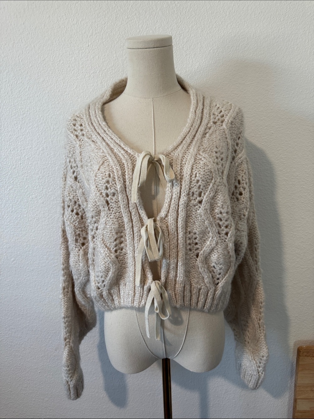 ASOS Cream Open Knit Diamond-Pattern Cardigan Size 8
